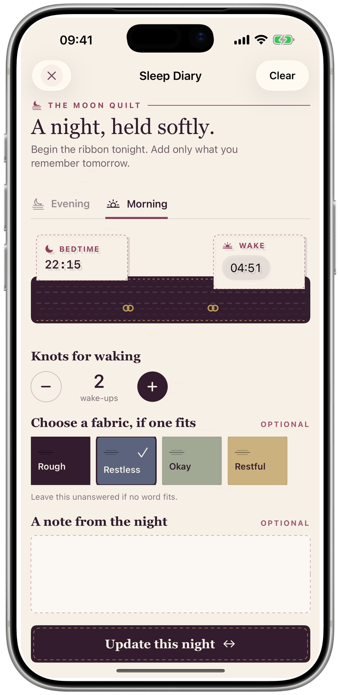 The Moon Quilt sleep diary with its evening ribbon and optional sleep helpers