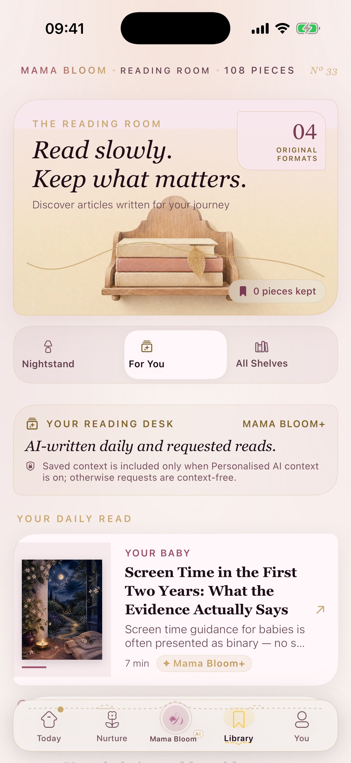 Mama Bloom Reading Room showing 108 pieces: 104 reachable source-linked articles, four local Originals, For You and the slim Mama Bloom AI ribbon